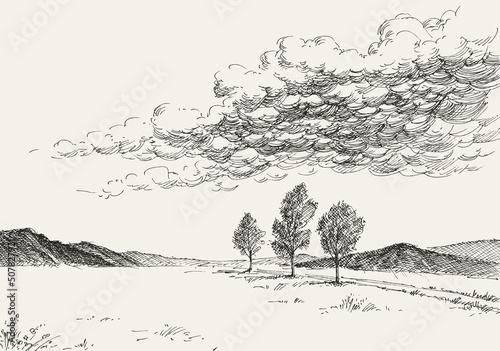 Trees landscape under the cloudy sky vector sketch