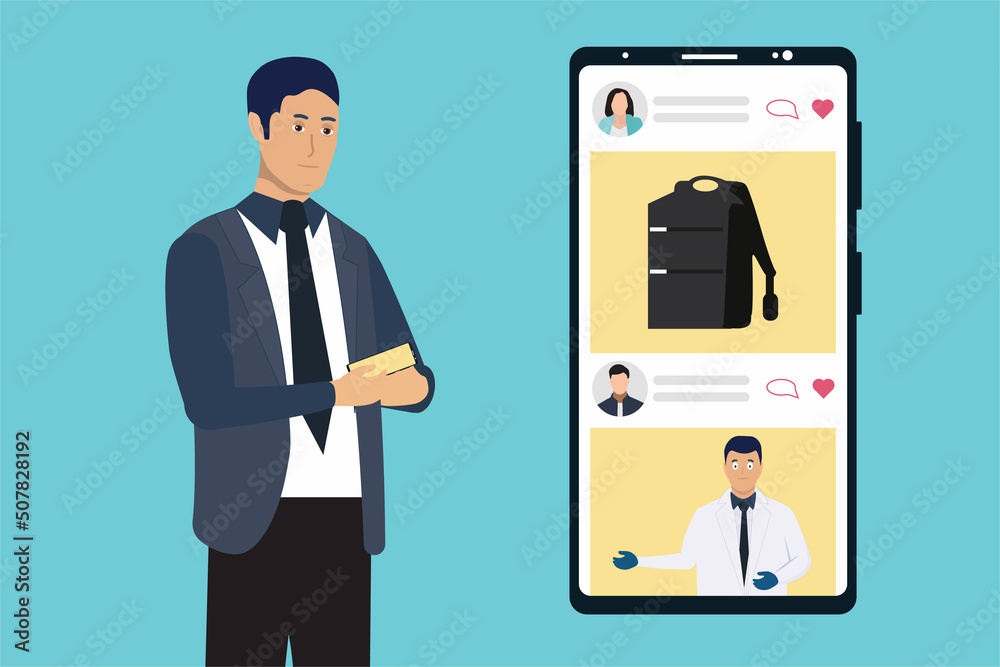Man using a smartphone and scrolling inside social media concept vector. Man flat character design with a mobile phone and social media. Using social media with a cell phone for business communication Man using a smartphone and scrolling inside social media concept vector. Man flat character design with a mobile phone and social media. Using social media with a cell phone for business communication