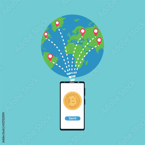 Sending bitcoin to anywhere in the world with a smartphone vector. Bitcoin and money transaction method with a world map and location points. Online money transaction system with a mobile phone.