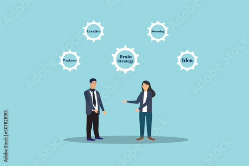 Businessman conversation concept and a man and woman discussing business strategy. Teaching an employee some working strategies, flat character illustration. Business communication concept. © Iftikhar alam