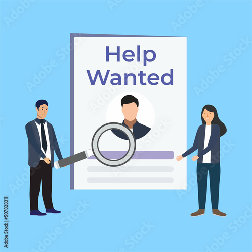 Searching for some wanted person concept with flat character design. Help wanted for business or personal works. Businessman with a big magnifying glass, searching for workers vector concept.