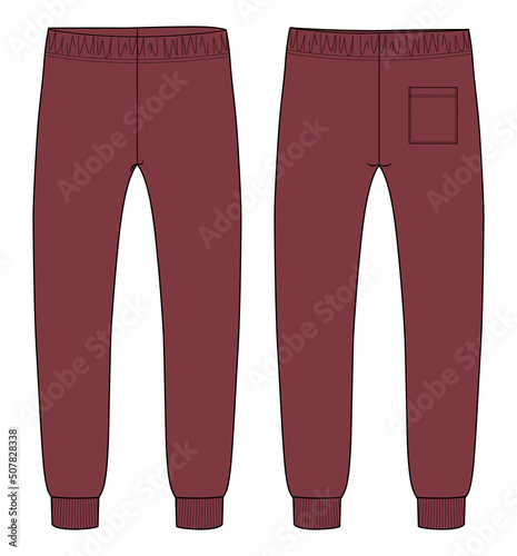 Sweatpants vector illustration drawing. Technical fashion flat sketches. Apparel template Jogging pant sketch Mock up Front, Back views. High waistband adjustable drawstring elastic. Easy editable.
