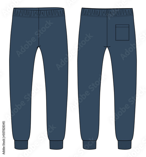 Sweatpants vector illustration drawing. Technical fashion flat sketches. Apparel template Jogging pant sketch Mock up Front, Back views. High waistband adjustable drawstring elastic. Easy editable.
