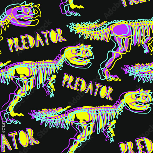 seamless pattern with predator dino. Prehistoric animal hand drawn texture. Carnotaurus bones and words decorative backdrop. Wallpaper, textile, wrapping paper design