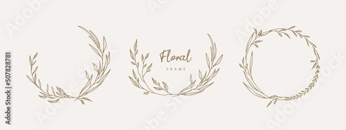Hand drawn floral frames with flowers,  branch and leaves. Elegant logo template. Vector illustration for labels, branding business identity, wedding invitation