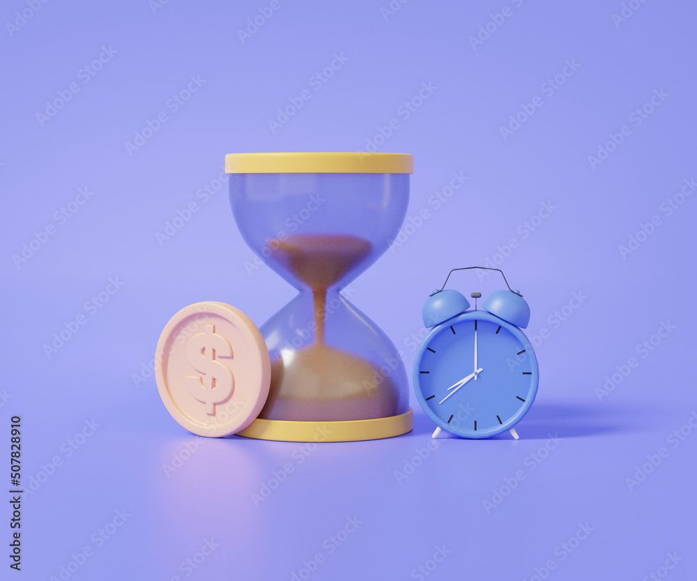 Hourglass and alarm clock with dollar coin on pastel purple