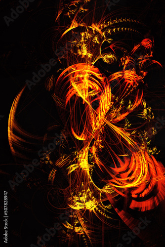 Fiery unique background, in the form of solar prominences, fiery whirlwinds. on a black background. Illustration. Vertical