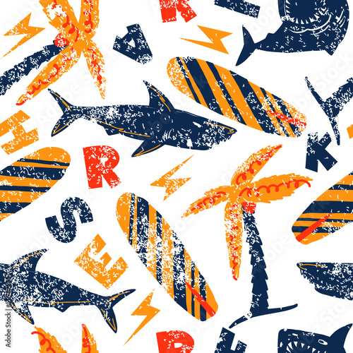 Sharks silhouettes seamless pattern. Urban character. Pattern with abstract shark symbols, design elements. Can be used for fabric, cards, clothes, print, textile, stationery