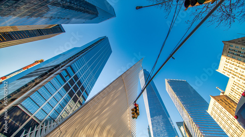 NEW YORK CITY - DECEMBER 4, 2018: World Trade Center complex at sunset, exterior view. It replaces the original seven buildings on the same site that were destroyed in the September 11 attacks.