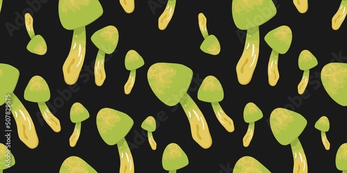 Green poisonous mushrooms on a black background, seamless pattern. Flat design, cartoon drawing, vector.