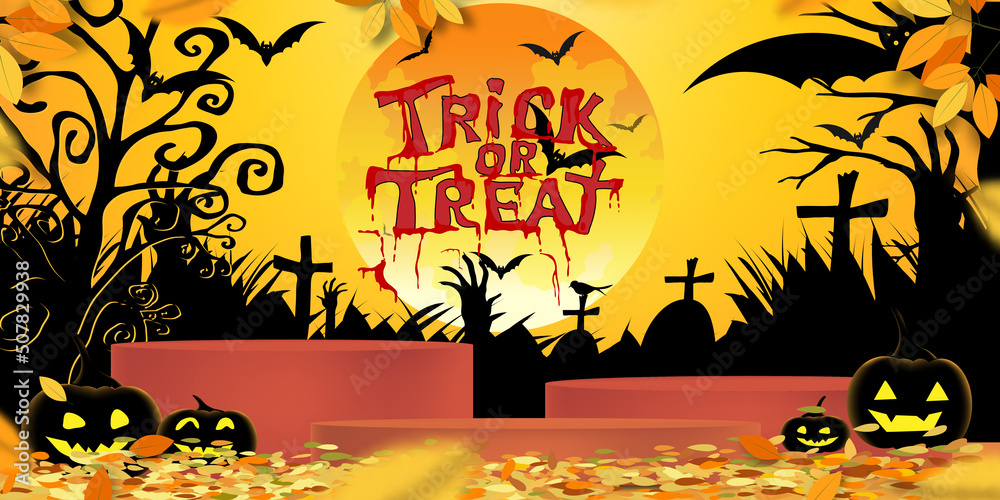 Halloween background in Autumn night,Vector Illustration Studio Room 3D podium, bat, zombie hand on graveyard in scary cemetery and Happy Halloween day with pumpkins face,Trick or Treat on full moon