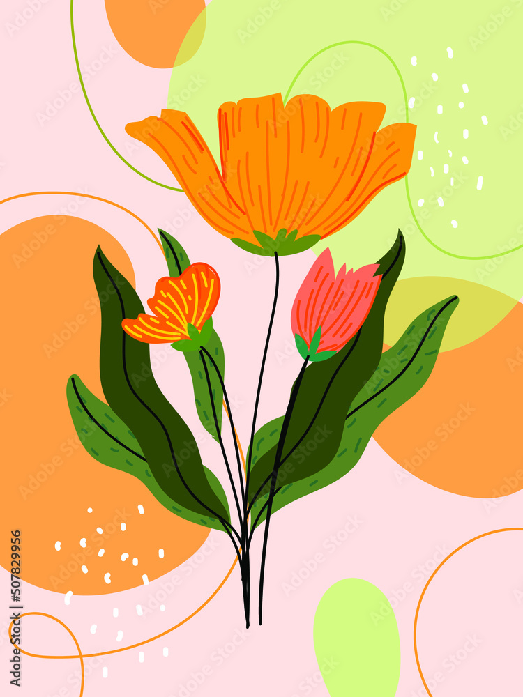 Fototapeta premium Contemporary floral,tropical,flowers,leaves, various shapes,lines hand drawn vector illustration background.