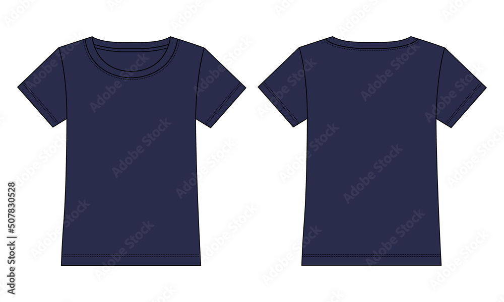 Short sleeve T shirt tops technical fashion flat sketch vector Illustration navy color template for ladies and baby girls. Basic apparel Design Women's unisex Mockup CAD. Short sleeve T shirt tops technical fashion flat sketch vector Illustration navy color template for ladies and baby girls. Basic apparel Design Women's unisex Mockup CAD.