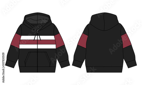 Long sleeve hoodie with Zipper technical fashion Drawing sketch template front and back view. apparel dress design vector illustration mock up jacket CAD. Easy edit and customizable.
