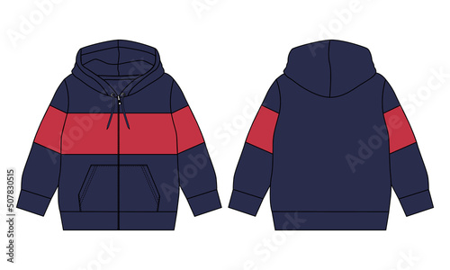 Long sleeve hoodie with Zipper technical fashion Drawing sketch template front and back view. apparel dress design vector illustration mock up jacket CAD. Easy edit and customizable.
