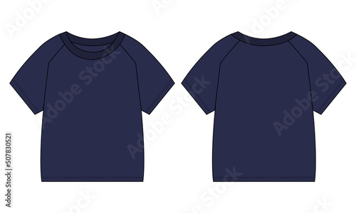  Short sleeve Raglan T shirt Technical Fashion flat sketch Vector illustration navy Color template for baby boys.