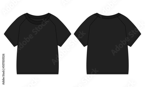 Short sleeve Raglan T shirt Technical Fashion flat sketch Vector illustration Black Color template for baby boys.