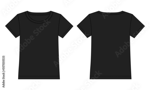 Short sleeve T shirt tops technical fashion flat sketch vector Illustration black color template for ladies and baby girls. Basic apparel Design Women's unisex Mockup CAD.