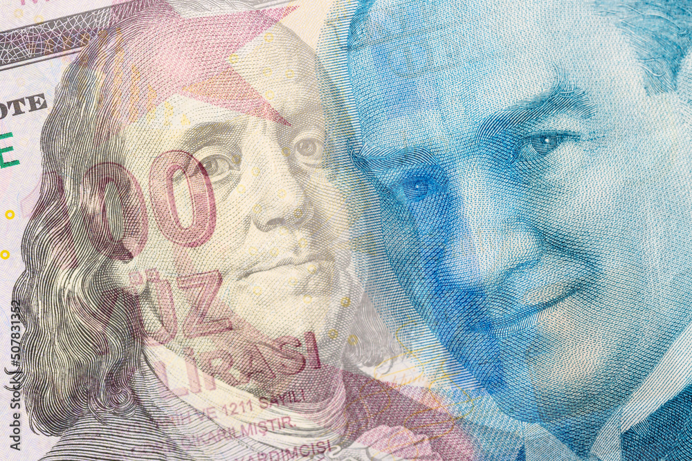 100 turkish Lira and 100 american dollar banknote combined image - obrazy, fototapety, plakaty 