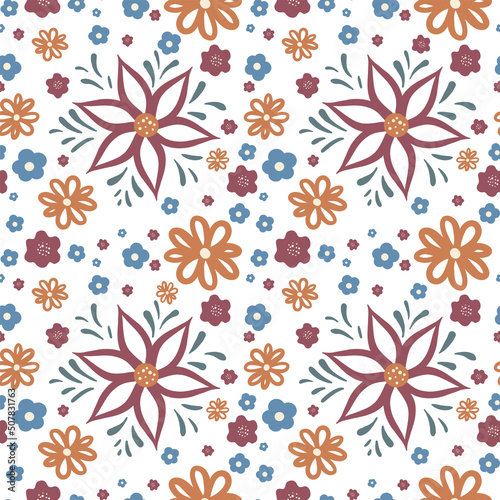 Vector seamless repeatable pattern with different kinds of decorative flowers: purple, blue, and orange. 