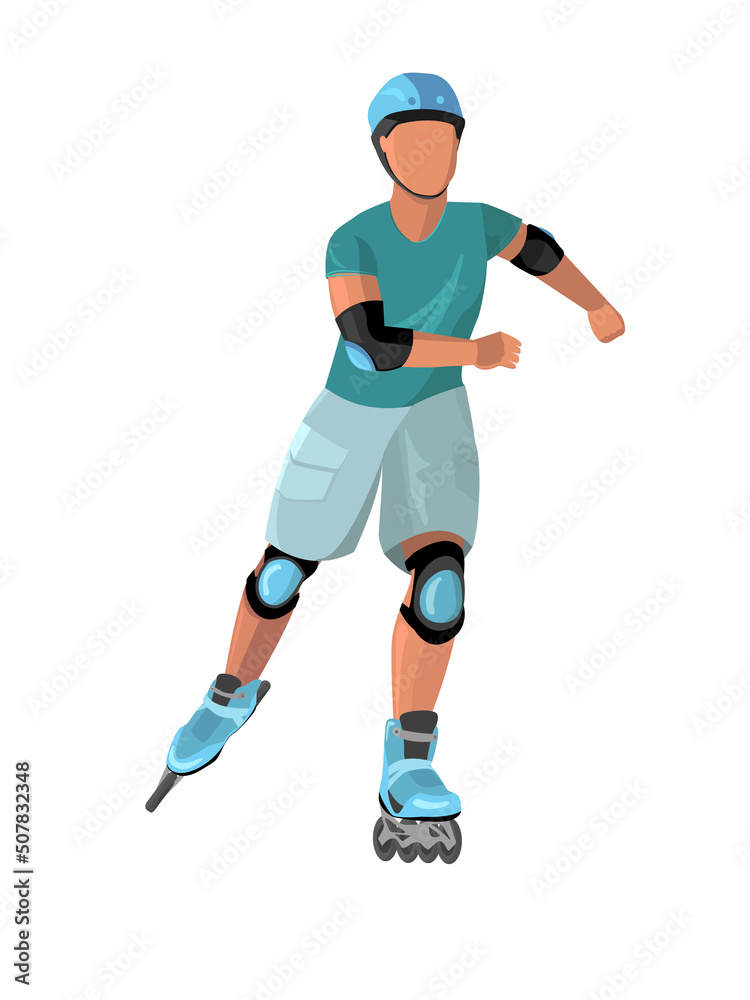 Guy on a roller skating outdoors vector flat illustration. Young man practicing extreme physical activity isolated on white.  recreational sports