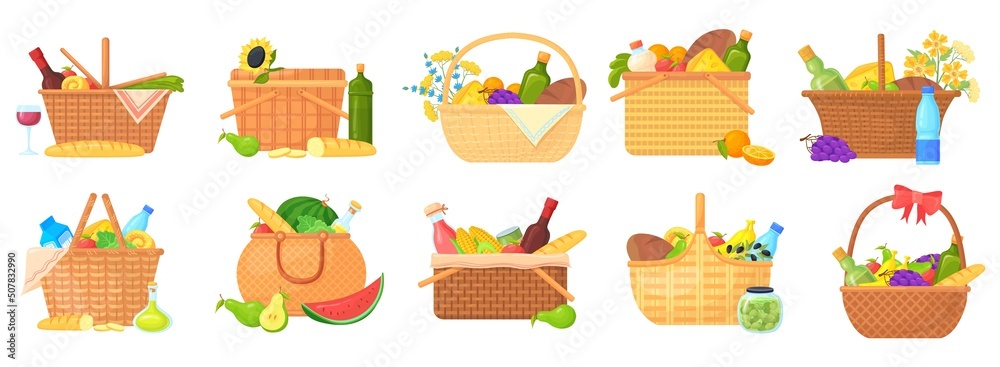 Lunch hamper. Picnic party basket with food wine, wicker box, breakfast on  floor blanket outdoor, mand bag tasty gift, snack straw baskets sandwich,  cartoon isolated neat vector Stock Vector | Adobe Stock