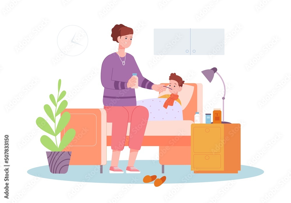 Mother caring sick child. Parent woman on bed medication cough syrup care cold illness kid, medicine drug liquid sickness patient home childcare mum, splendid vector illustration Mother caring sick child. Parent woman on bed medication cough syrup care cold illness kid, medicine drug liquid sickness patient home childcare mum, splendid vector illustration