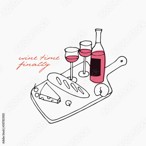 Vector trendy illustration - wine set with bottle of wine, glasses and plates with cheese and fruits.