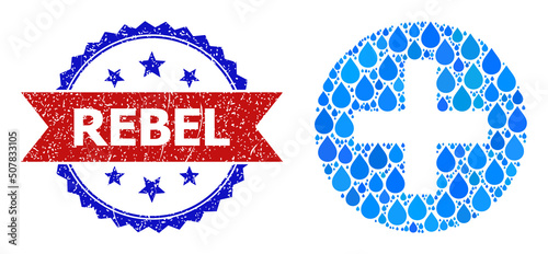 Vector mosaic plus, and bicolor textured Rebel seal stamp. Plus collage for clean beverage advertisement. Plus is designed with blue pure water tears.