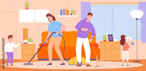 Family chores. Light housework home workers, children helping mother husband cleaning room, people homemaking household daily housekeeping maid sister