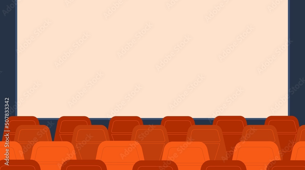 Obraz premium Empty cinema hall. Nobody movie theater, theatre screen with rows red chair, luxury opera seats black auditorium for video conference, dark audience room, vector illustration