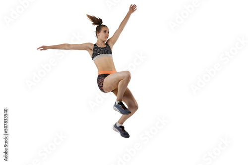 Development of movements in long jump sport. One professional female athlete in sports uniform jumping isolated on white background. © master1305