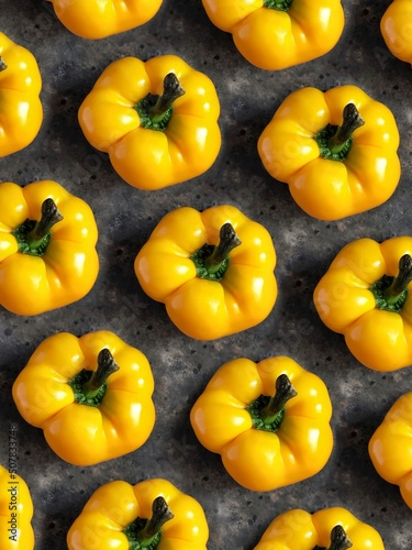 Pattern of yellow sweet bell pepper on black concrete background. Creative fatlay with spring vegetables. photo