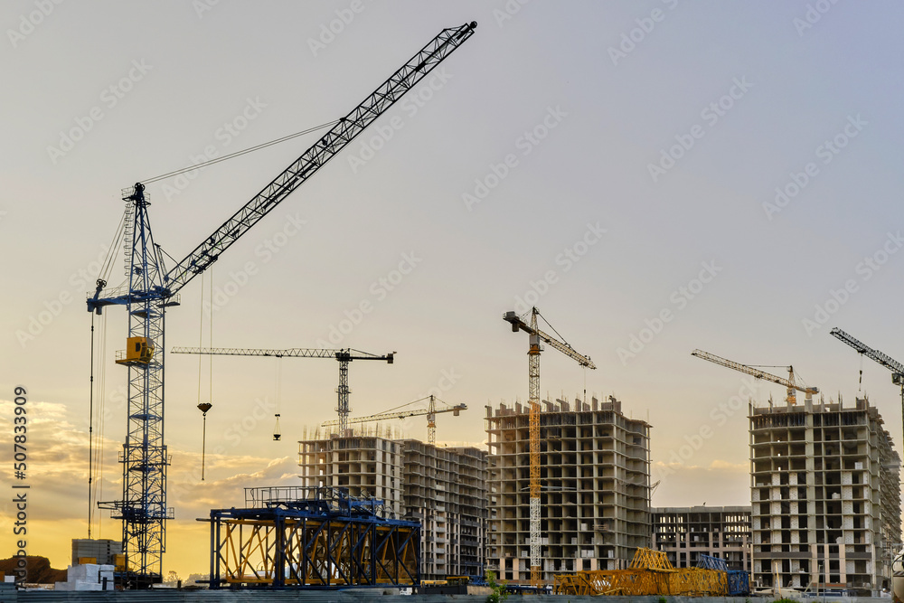 construction site, construction of residential buildings with construction cranes.horizontal photo.