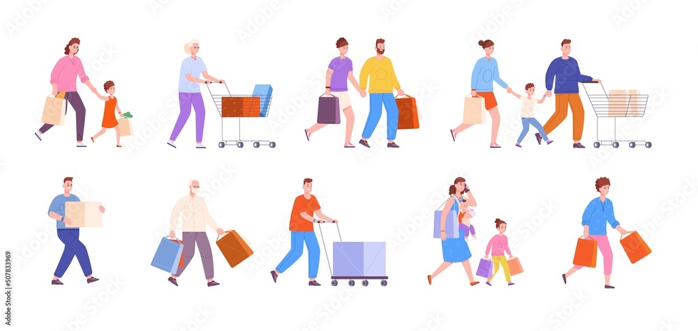 Family shoppers. Happy consumers shopping, purchases in supermarket or mall market, mom and dad with kids holding bag sale card, couple running cart, vector illustration