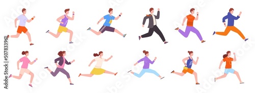 Profile running people. Rush to success  character moving runner man woman  jogging determined person urgent aim  isolated run movement sport athletes  splendid vector illustration
