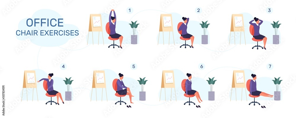Workout office chair. Yoga stretch excercice, sitting exercises break business work, businesswoman posture fitness meditation, stretching flexible back, garish vector illustration