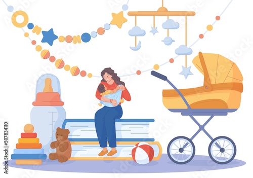 Nanny for infant. Parental babysitter hands carriage baby buggy, education young parent, home nursery room sitter kid family childcare, early babysitting swanky vector illustration