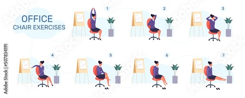 Workout office chair. Yoga stretch excercice, sitting exercises break business work, businesswoman posture fitness meditation, stretching flexible back, garish vector illustration