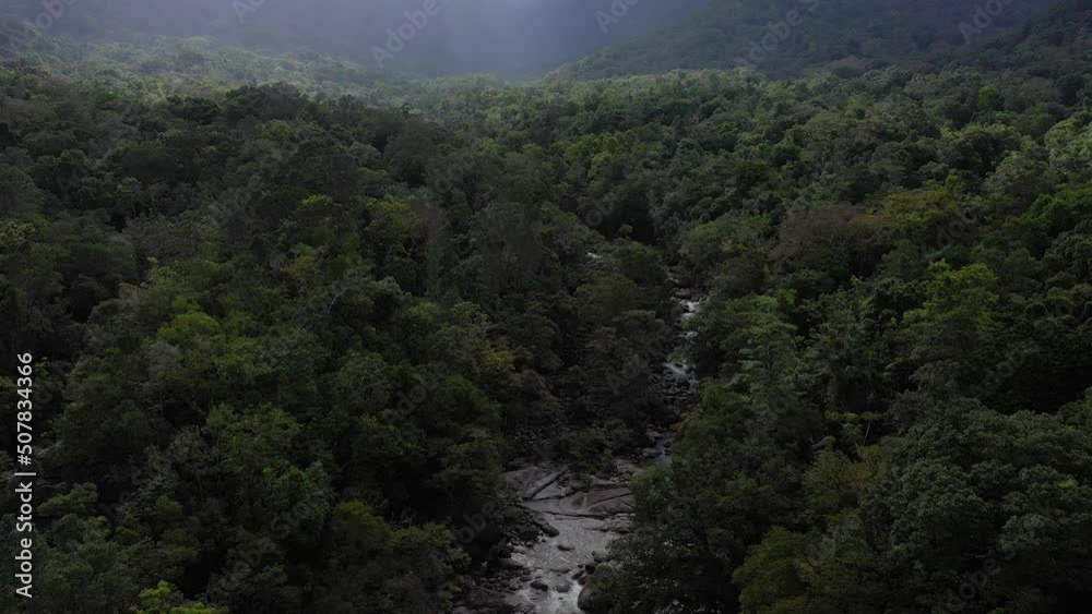 Daintree Rainforest tilt aerial with river, trees and cloudy mountains, Mossman Gorge, Queensland, Australia Daintree Rainforest tilt aerial with river, trees and cloudy mountains, Mossman Gorge, Queensland, Australia