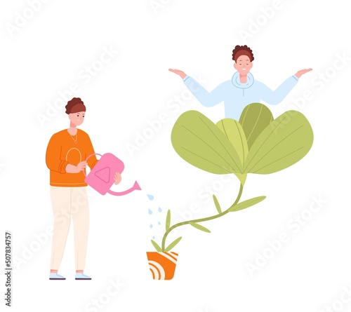 Self support growth. Help in implementation inner potential, water irrigation abstract blooming flowers of mind, future care, teaching education success grow, vector illustration