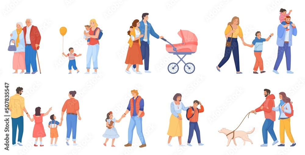 Family walk with stroller. Parents walking with adult children and dog, father strolling baby pram boy enfant, parent mother stroll simple kid together, swanky vector illustration