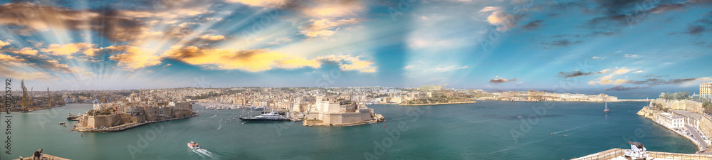 Panoramic view of the Three Islands in Valletta, Malta