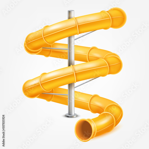Realistic water slide. 3d spiral pipe waterpark construction, water slide in pool aqua park, splashpark twist tunnel for riding tube, screw piping photo