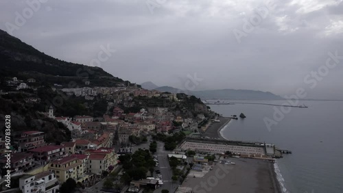 empty descriptive video of Vietri sul mare, on the Amalfi coast, Italy.
The shot is made with a low flight over the beach and ports with restaurants with people and vehicles circulating. photo