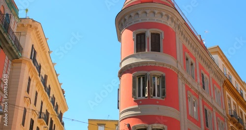 Famous Tourist Street Of Chiaia District With Architectural Structure In Naples, Italy. Low Angle photo