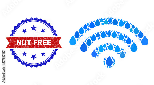 Vector mosaic web signal source, and bicolor dirty Nut Free seal stamp. Web signal source mosaic for clean drink ads. Web signal source is designed with blue clear aqua dews.