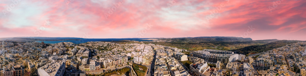 Aerial view of Mellieha cityscape from drone, Malta