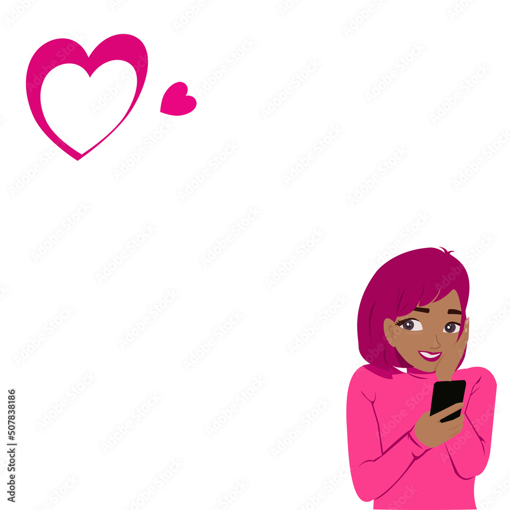 Black cute girl wearing pink long shirt holding smart phone put your left hand on your cheek shy with heart symbols sign of love signal sent.vector illustration flat design concept of Valentine’s Day Black cute girl wearing pink long shirt holding smart phone put your left hand on your cheek shy with heart symbols sign of love signal sent.vector illustration flat design concept of Valentine’s Day