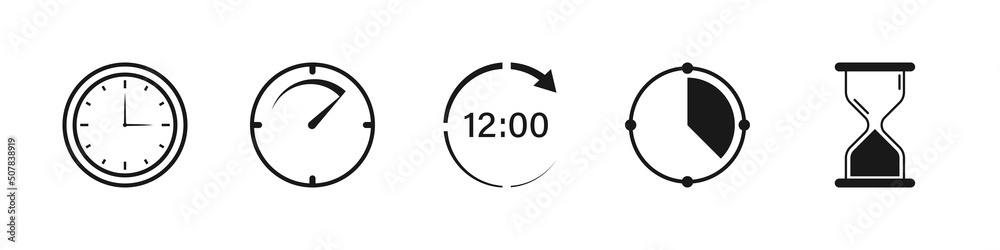 Clock icon set. Time clock icons collection. Line clocks symbol isolated on white background. Vector illustration. Clock icon set. Time clock icons collection. Line clocks symbol isolated on white background. Vector illustration.